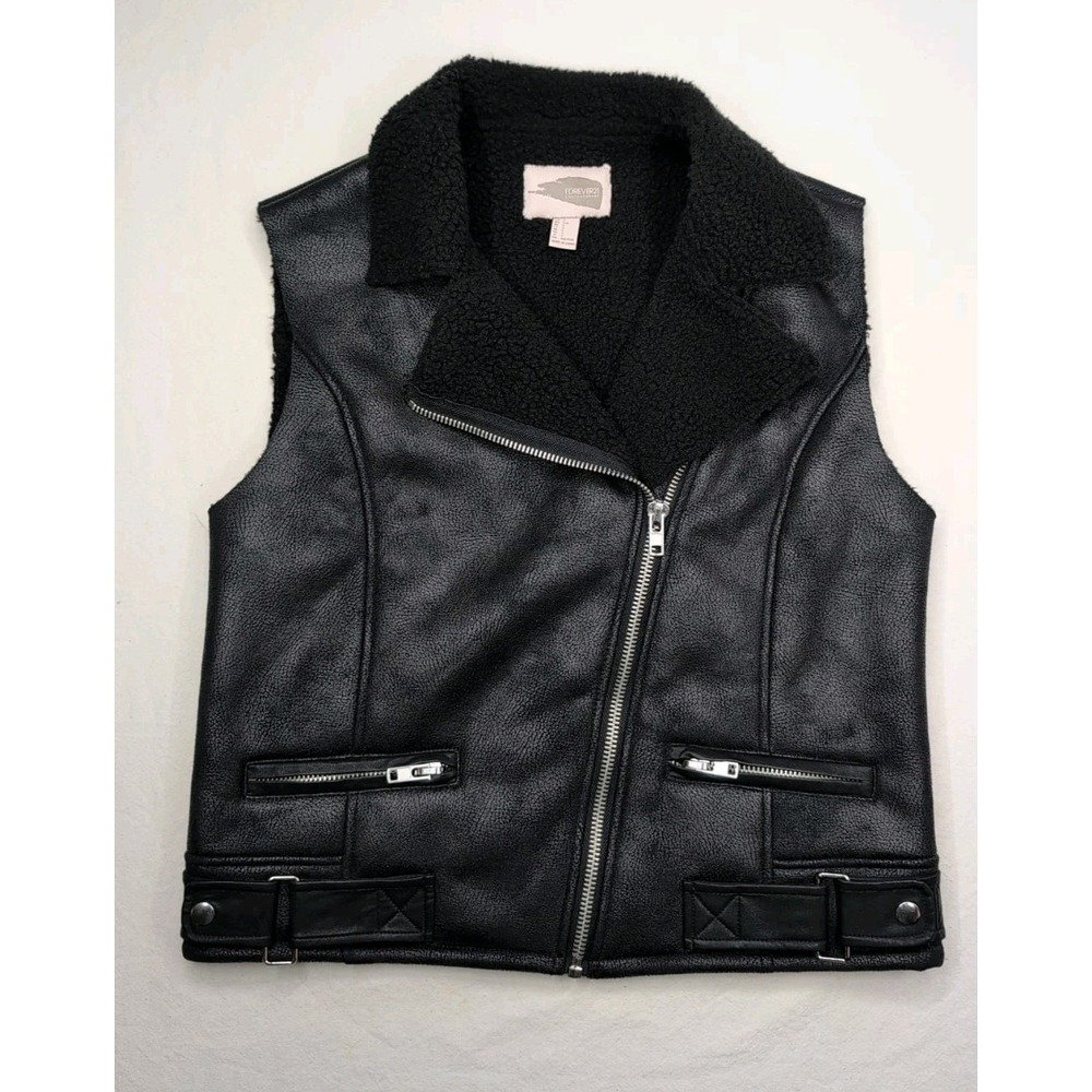 Forever 21 Contemporary Sz Small Black Vest‎ Fleece Lined Zippers Faux Leather